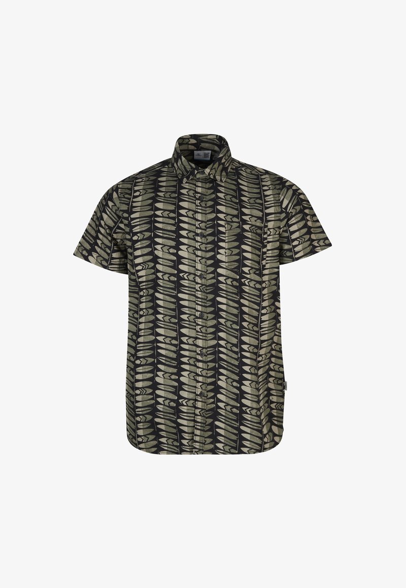 Chemise homme manches courtes boutonnée avec motif abstrait de feuilles verticales noires et vert olive et petite poche poitrine.