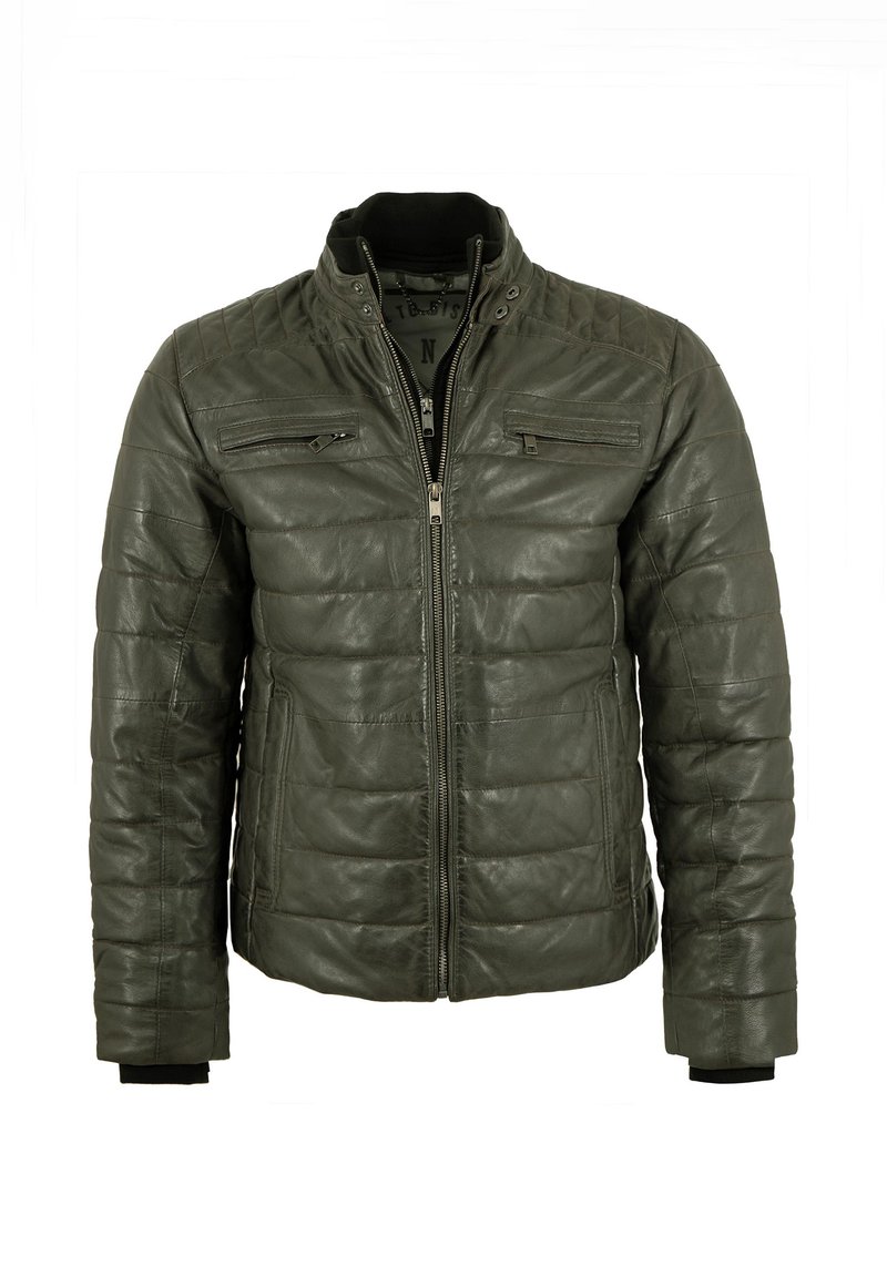 Dunkelgrüne Lederjacke mit gestepptem Design, Reißverschluss vorne und Stehkragen. Verfügt über zwei Reißverschlusstaschen auf der Brust und gerippte Bündchen.