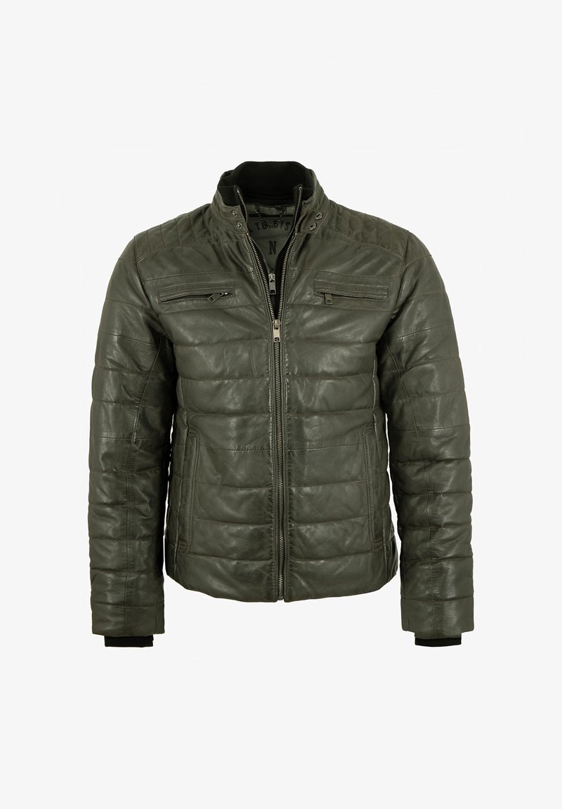 Dunkelgrüne Lederjacke mit gestepptem Design, Reißverschluss vorne und Stehkragen. Verfügt über zwei Reißverschlusstaschen auf der Brust und gerippte Bündchen.