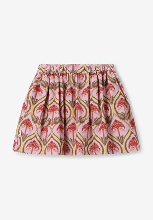 Floral-patterned skirt made of lightweight fabric. Pink background with red flowers and green accents. Elastic waistband; gathered design.