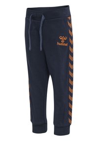 Marineblaue Jogginghosen mit elastischem Bund, Kordelzug und orangefarbenen Chevron-Akzenten an den Seiten. Mit gesticktem Logo auf der Vorderseite.
