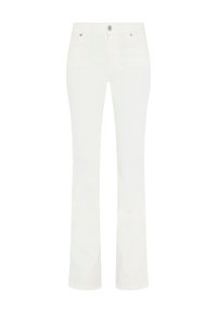 Weiße gerade Jeans aus Denim, mit einem klassischen Fünf-Taschen-Design und einer Frontknopfverschlus. Glatte Textur, minimale Details.