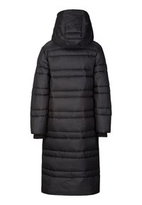 Schwarze Steppjacke mit Kapuze, vertikalen Steppnähten, langen Ärmeln und knielangem Schnitt. Glatte, glänzende Stoffstruktur.