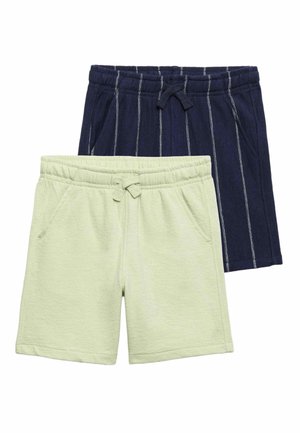 Deux paires de shorts enfants à taille élastique, un vert clair uni et un bleu marine à rayures blanches verticales, tous deux avec poches avant et cordons.