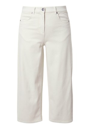 Pantaloni larghi a vita alta, tagliati alla caviglia, in denim bianco sporco con bottoni frontali, cerniera e cinque tasche.