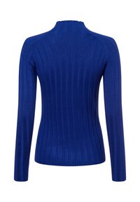 Blauer gerippter Pullover mit langen Ärmeln und hohem Hals. Hergestellt aus einem glatten Stoff, der vertikale Textur und eine taillierte Passform aufweist.