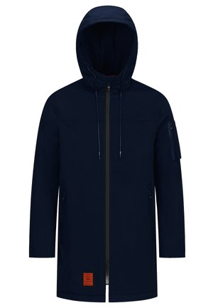Marineblaue wasserdichte Jacke mit Kapuze, Frontreißverschluss, zwei seitlichen Taschen und einem sichtbaren Logo-Patch auf der unteren linken Seite.