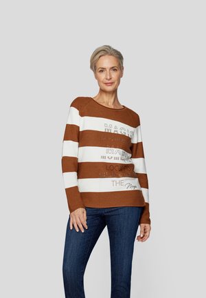 Brown and white striped sweater with a relaxed fit, featuring text in rhinestones, ribbed cuffs, and a wide neckline.