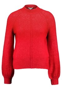 Roter Strickpullover mit hohem Kragen, Raglanärmeln, gerippten Bündchen und Saum, weicher Textur und minimaler Nahtdetailierung.