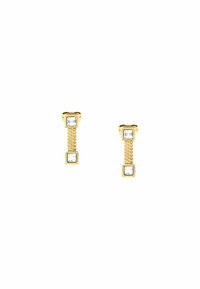 Orecchini in tono oro caratterizzati da un design intrecciato con cristalli trasparenti quadrati in alto e in basso. Stile semplice e moderno con accenti eleganti.