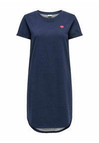 Granatowa sukienka z krótkim rękawem wykonana z miękkiej bawełny, z małym czerwonym emblematem serca na piersi oraz zaokrąglonym dołem z bocznymi rozcięciami.