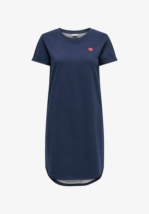 Tmavě modré krátké šaty s krátkými rukávy z měkké bavlny, s malým červeným srdíčkovým emblémem na hrudi a zaobleným lemem s bočními rozparky.