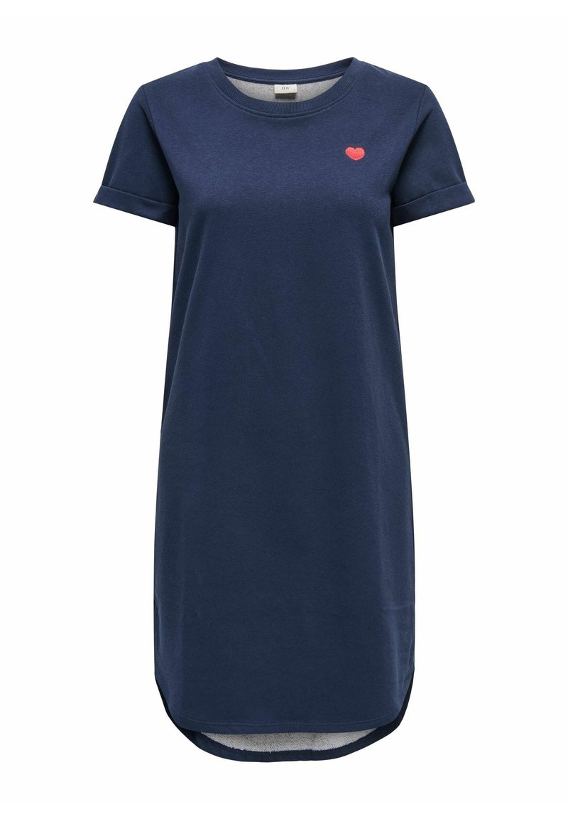 Granatowa sukienka z krótkim rękawem wykonana z miękkiej bawełny, z małym czerwonym emblematem serca na piersi oraz zaokrąglonym dołem z bocznymi rozcięciami.