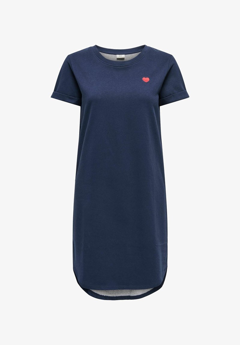Granatowa sukienka z krótkim rękawem wykonana z miękkiej bawełny, z małym czerwonym emblematem serca na piersi oraz zaokrąglonym dołem z bocznymi rozcięciami.