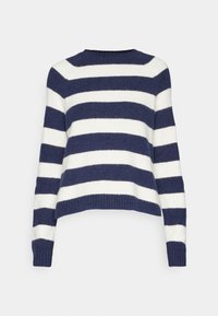 Pull rayé en bleu marine et blanc, fabriqué à partir d'un matériau doux. Doté d'un col rond et d'une finition côtelée en bas et aux poignets. Design court.