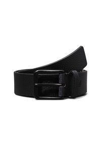 Curea din piele neagră, cu o suprafață texturată, cataramă metalică rectangulară cu finisaj negru asortat și un design simplu, fără modele.