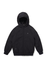 Chaqueta negra con capucha, cierre de cremallera, bolsillos laterales, puños acanalados y dobladillo elástico; fabricada con una tela lisa y duradera.