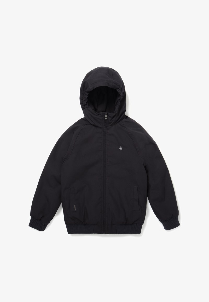 Giacca nera con cappuccio, chiusura con zip, tasche laterali, polsini a coste ed orlo elastico; realizzata in un tessuto liscio e resistente.