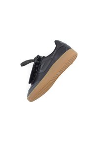 Black leather sneaker with textured gum sole, featuring a lace-up design and glittery black laces. Smooth upper with logo detail on side.