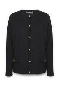 Svart stickad cardigan med rund halsringning, guldtonade knappar framtill och två påsydda fickor med små dekorativa detaljer.