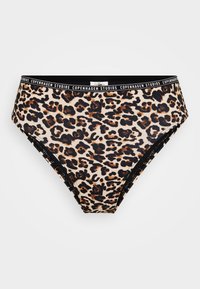 Bikiniunderdel i leopardmönster med svart elastiskt midjeband med texten "Copenhagen Studios", designad med hög skärning och jämn tyg.