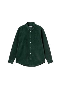 Donkergroene corduroy overhemd met lange mouwen en knopen, voorzien van een geknoopte kraag en een klein logo op de linkerborst.