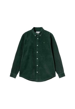 Dunkelgrühe Corduroy-Hemd mit langen Ärmeln, Knopfleiste und Knopfkragen sowie einem kleinen Logo auf der linken Brust.