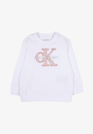 Felpa bianca a maniche lunghe per bambino con logo Calvin Klein Jeans e grandi lettere "cK" a quadri sul davanti.