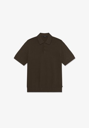 Tumepruun lühikeste varrukatega polosärk soonilise tekstuuriga, kolme nupuga nööpidega ja klassikalise kraega.