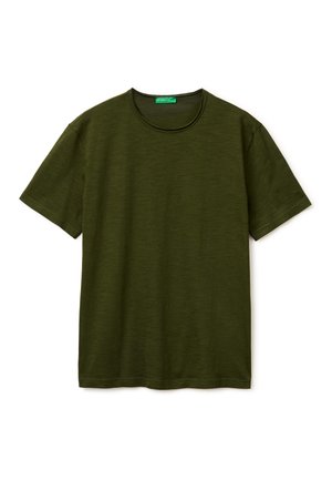 Olive green, short-sleeve crew neck t-shirt with a subtle texture, laid flat on a white background.