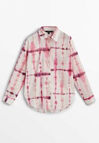 Long-sleeve button-up shirt in light fabric with a pink and purple tie-dye pattern, featuring a pointed collar and curved hemline.