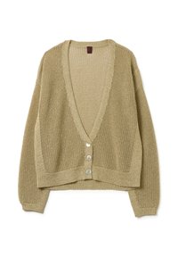 Cardigan in maglia color beige chiaro con scollo a V, tessitura a rilievo e quattro bottoni perla davanti. Vestibilità ampia con polsini e orlo a coste.