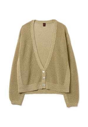 Cárdigan de punto en color beige claro con escote en V, tejido texturizado y cuatro botones de perla en la parte delantera. Corte holgado con puños y dobladillo acanalados.