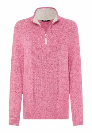 Pink knit pullover with a textured finish, featuring a half-zip collar and contrasting beige interior. Ribbed cuffs and hem.
