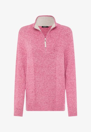 Pink knit pullover with a textured finish, featuring a half-zip collar and contrasting beige interior. Ribbed cuffs and hem.