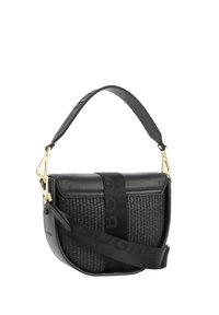 Zwarte handtas met een geweven textuur, glad leren accenten en gouden hardware. Inclusief een geprinte verstelbare schouderband voor het dragen.