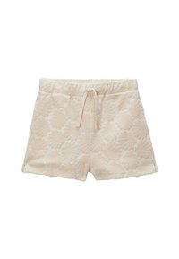 Shorts en crème texturé avec un motif de coquille en scallop, présentant une taille élastique et un cordon ajustable. Matériau doux et pelucheux.