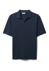 Polo shirt blu navy con colletto classico, maniche corte e tessuto a coste texturizzato. Design semplice con taglio dritto e senza motivi.