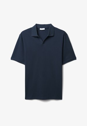 Polo shirt blu navy con colletto classico, maniche corte e tessuto a coste texturizzato. Design semplice con taglio dritto e senza motivi.