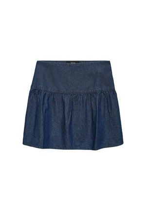 Jeansrok met een uitlopende vorm, donkerblauwe kleur, textuurstof en een elastische tailleband. Heeft gathered details aan de zoom.