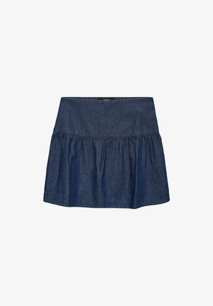 Jeanskjol med en utvidgad design, mörkblå färg, texturerad tygkvalitet och en elastisk midja. Har rynkade detaljer vid fållen.