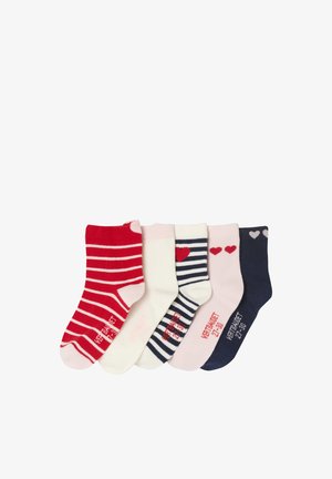 Set of five cotton socks: red striped, white, navy with hearts, pink with hearts, and navy. Each has contrasting toe and heel colors.