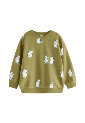 Bluza z długim rękawem w kolorze oliwkowym, z prążkowanymi mankietami i dołem, ozdobiona wieloma małymi białymi kreskówkowymi hipopotamami w różnych pozach.