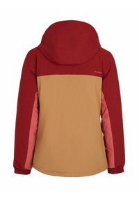 Rode en tan ski-jack met een capuchon, voorzien van een kleurblokontwerp, elastische manchetten en een zachte textuur. Merkenlogo op de schouder.