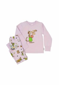 Ljust lila pyjamas-set med en långärmad topp med en kattgrafik och grön kjol, tillsammans med mönstrade byxor som visar olika tecknade djur.