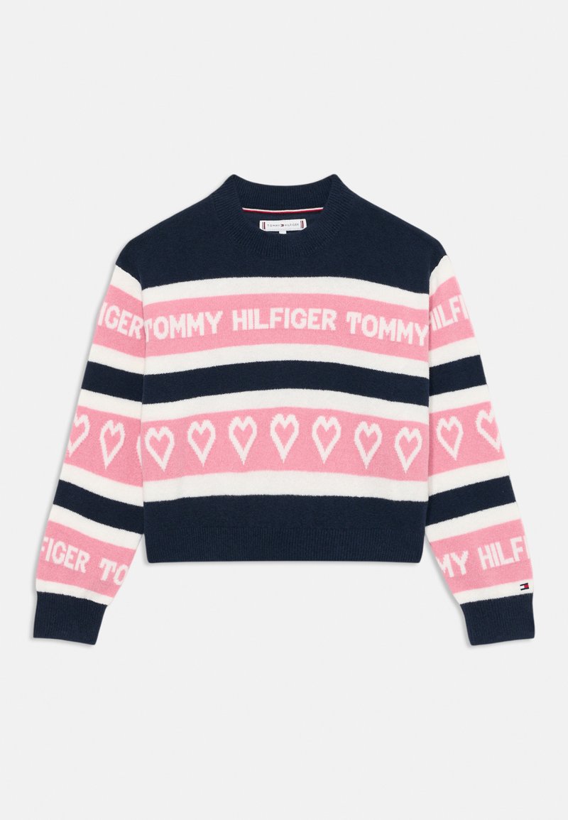 Strikkegenser med marineblå, rosa og hvite striper. Har "TOMMY HILFIGER"-logo og hjerte mønstre. Ribbet rund hals og mansjetter. Myk tekstur.