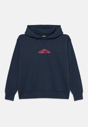 Marineblaues Sweatshirt mit verstellbarem Kapuzenzug und gerippten Bündchen. Verfügt über ein rotes Grafiklogo auf der Vorderseite. Hergestellt aus weichem, strukturiertem Stoff.