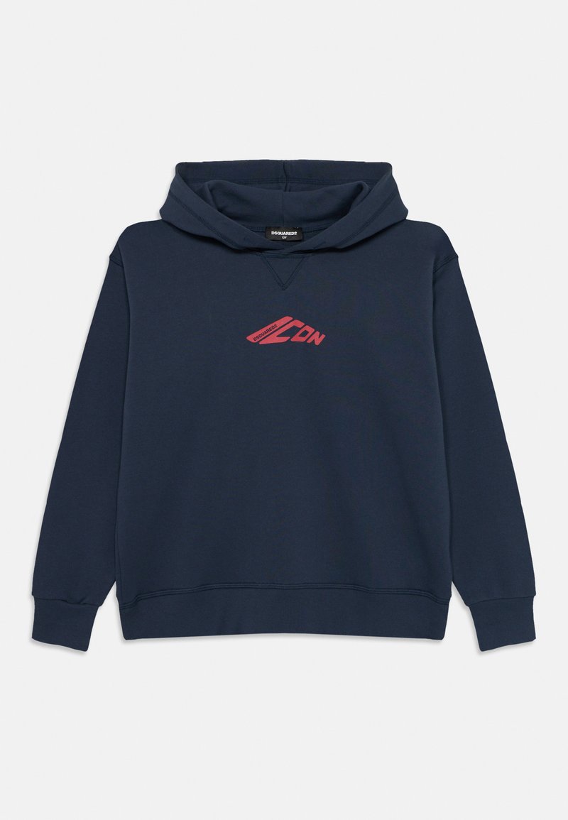 Marinblå sweatshirt med dragsko i huvan och ribbad vrist. Har en röd grafisk logotyp på framsidan. Tillverkad av mjukt, texturerat tyg.