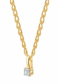 Złoty naszyjnik z łańcuszkiem o owalnych ogniwach, z diamentowym akcentem w srebrnej oprawie wiszącym na środku.