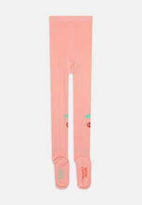 Collants de couleur pêche avec des motifs de feuilles vertes et de fruits rouges. Le matériau est doux, avec une texture lisse et un bout fermé. Contient le nom de la marque sur le pied.
